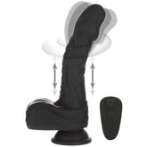The BMS Naked Addiction Silicone Rotating & Thrusting Dildo-Noir 8.6" features a realistic texture, IncrediFeel Silicone, a suction base, thrusting and rotating motions, and comes with a small wireless remote for easy control.